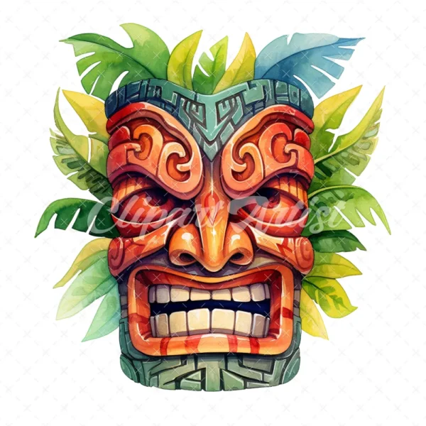 20 High-Quality Tiki Mask Clipart - Tiki mask digital watercolor JPG instant download for commercial use - Digital download