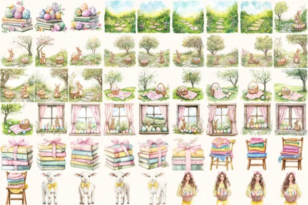Joyful Easter Watercolor Clipart Set - 355+ transparent PNG, Spring bunnies eggs graphics, Easter joy art, Commercial use, Digital download
