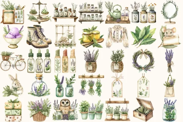 Herbal Wellness Watercolor Clipart Set - 230+ transparent PNG, Lavender apothecary graphics, Springtime art, Commercial use,Digital download