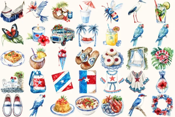 Puerto Rico Watercolor Clipart Set - 240+ transparent PNG, Summer island illustrations, Caribbean graphics, Commercial use, Digital download