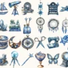 Celestial Elf Watercolor Clipart Set - 215+ transparent PNG, Magical nightscape graphics, Cosmic stars art, Commercial use, Digital download