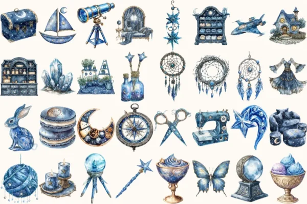 Celestial Elf Watercolor Clipart Set - 215+ transparent PNG, Magical nightscape graphics, Cosmic stars art, Commercial use, Digital download
