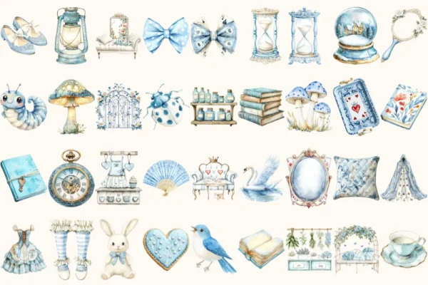Modern Alice Watercolor Clipart Set - 250+ transparent PNG, Alice in wonderland graphics, Fairytale images, Commercial use, Digital download