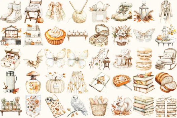 Lovely Autumn Watercolor Clipart Set - 250+ transparent PNG, Pumpkin season graphics, Girl with book images, Commercial use,Digital download