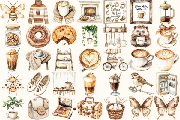 Coffee Lover Watercolor Clipart Set - 240+ transparent PNG, Coffee planner graphics, Coffee moments images, Commercial use, Digital download