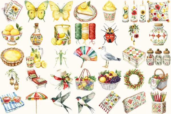 Italian Vibes Watercolor Clipart Set - 240+ transparent PNG, Italian summer graphics, Mediterranean images, Commercial use, Digital download