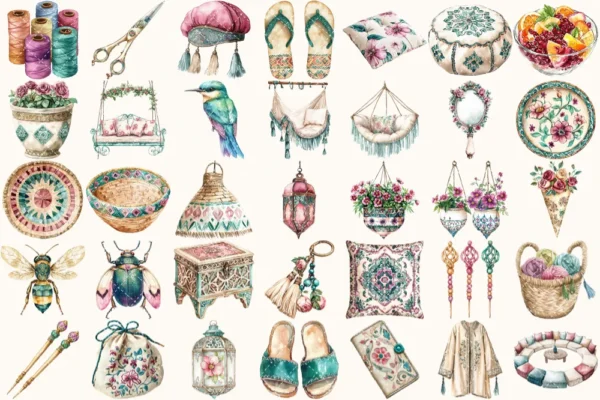 Moroccan Escape Watercolor Clipart Set - 235+ transparent PNG, Summer travels graphics, Moroccan decor art, Commercial use, Digital download