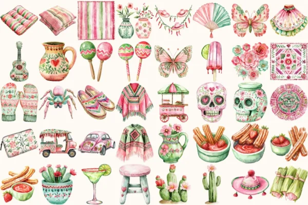 Viva Mexico Watercolor Clipart Set - 240+ transparent PNG, Mexican fiesta graphics, Cinco de mayo party art, Commercial use,Digital download