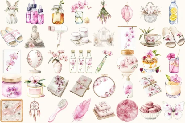 Orchid Resort Watercolor Clipart Set - 245+ transparent PNG, Spa resort illustrations, Summer travel art, Commercial use, Digital download