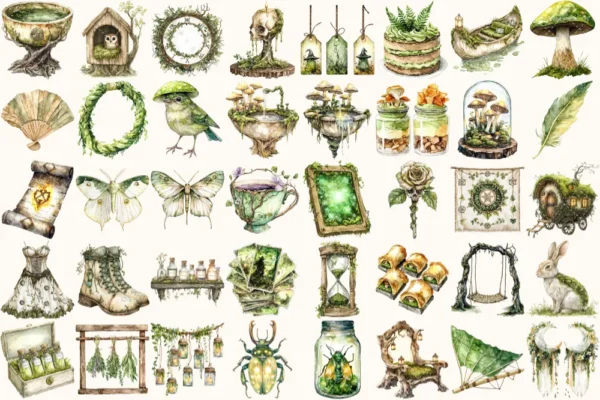 Gravemoss Witch Watercolor Clipart Set - 265+ transparent PNG, Mystic forest graphics, Witchy fantasy art, Commercial use, Digital download