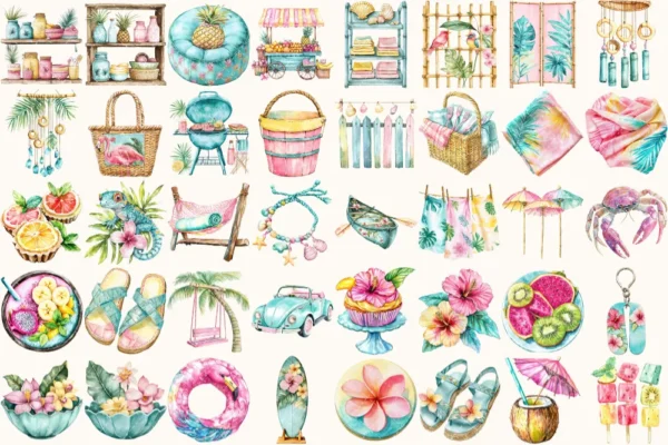 Tropical Island Rhythms Watercolor Clipart Set - 268+ transparent PNG, Seaside graphics, Tropical summer, Commercial use, Digital download