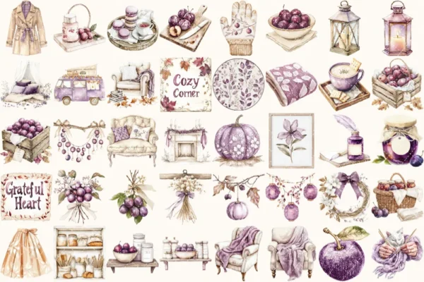 Plum Mood Watercolor Clipart Set - 261+ transparent PNG, Retro fall city illustration, Floral graphics, Commercial use, Digital download
