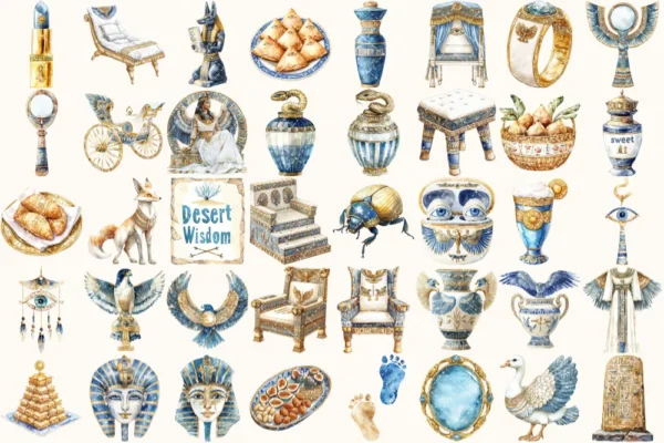 Amentas Whisper Watercolor Clipart Set - 275+ transparent PNG, Ancient egypt illustrations, Pharaohs art, Commercial use, Digital download
