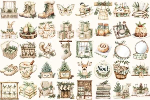 Festive Farmhouse Watercolor Clipart Set - 273+ transparent PNG, Cozy christmas graphics, Holiday cabin art, Commercial use,Digital download
