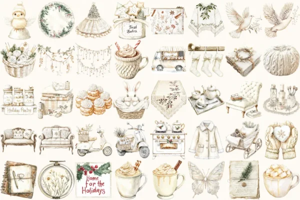 Cozy Season Watercolor Clipart Set - 270+ transparent PNG, Soft christmas graphics, Rustic winter images, Commercial use, Digital download