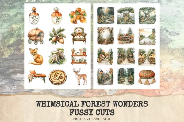Whimsical Forest Wonders Fussy Cuts - Woodland, Forest, Animal, Collage sheets, Digital Sticker, Ephemera, Junk Journal Kit,Digital download