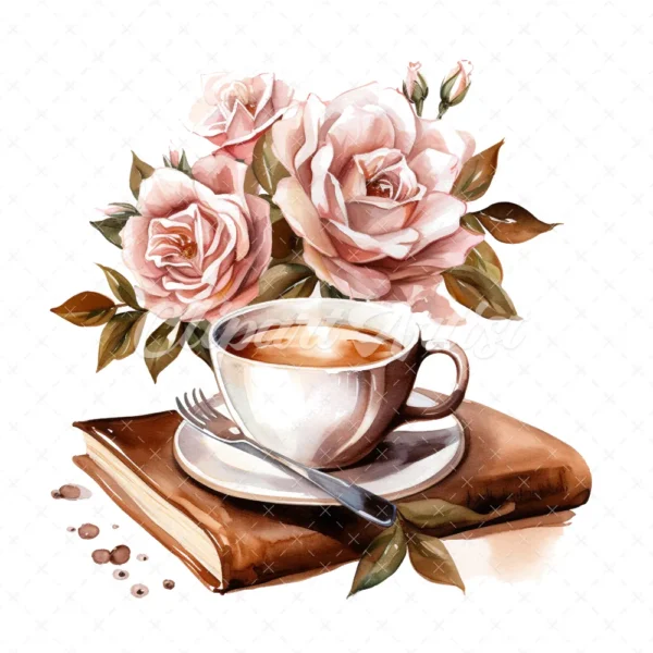 20 High-Quality Floral Coffee Books Clipart - Coffee books digital watercolor JPG instant download for commercial use - Digital download
