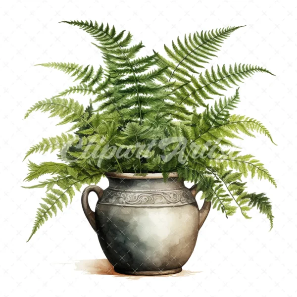 20 High-Quality Fern Antique Pot Clipart - digital watercolor JPG instant download for commercial use - Digital download