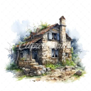 20 High-Quality Abandoned Stone House Clipart - Stone house digital watercolor JPG instant download for commercial use - Digital download