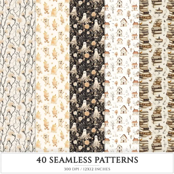 Cozy Haunt Seamless Patterns, Spooky autumn JPEG, Ghosts pattern, Witch hat, Bones, Pumpkin repeating pattern, Digital scrapbook paper