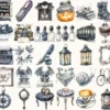 Gothic Diary Watercolor Clipart Set - 265+ transparent PNG, Dark academia graphics, Gothic halloween art, Commercial use, Digital download