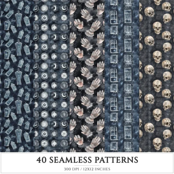 Gothic Diary Seamless Patterns, Gothic halloween JPEG, Skull sigils pattern, Rose, Floral, Haunted repeating pattern,Digital scrapbook paper