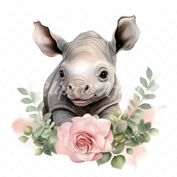 20 High-Quality Baby Rhino Clipart - Baby rhino digital watercolor JPG instant download for commercial use - Digital download
