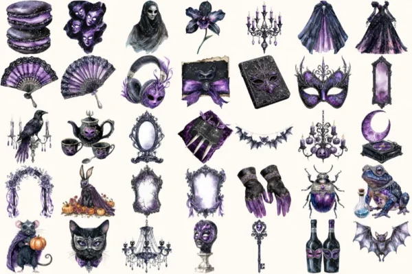 Haunted Masquerade Watercolor Clipart Set - 230+ transparent PNG, Spooky halloween graphics, Gothic images, Commercial use, Digital download