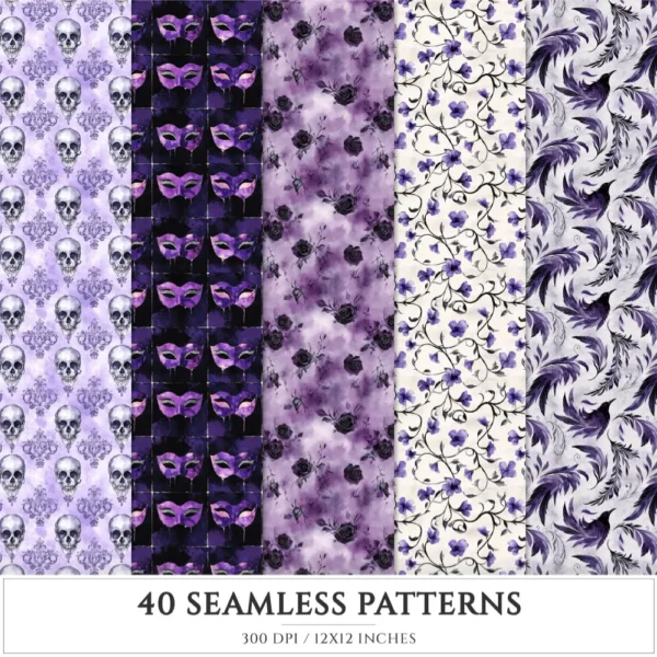 Haunted Masquerade Seamless Patterns, Spooky halloween JPEG, Gothic rose pattern, Raven, Skulls repeating pattern, Digital scrapbook paper