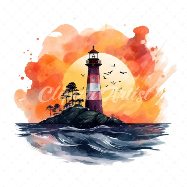 20 High-Quality Sunset Lighthouse Clipart - Sunset lighthouse digital watercolor JPG instant download for commercial use - Digital download