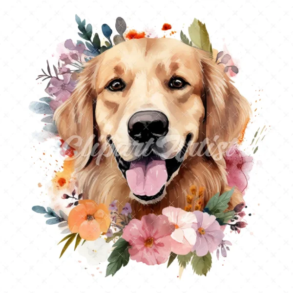 20 High-Quality Floral Golden Retriever Clipart - Retriever digital watercolor JPG instant download for commercial use - Digital download