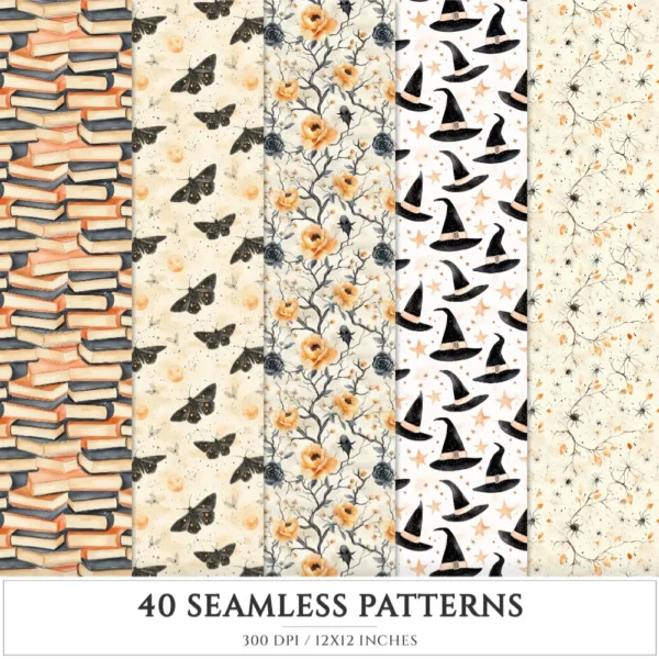 Cozy Halloween Seamless Patterns, Spooky halloween JPEG, Skulls pattern, Witch Hat, Ghosts, Bats repeating pattern, Digital scrapbook paper