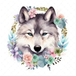 20 High-Quality Cute Wolf In Wreath Clipart - Cute wolf digital watercolor JPG instant download for commercial use - Digital download