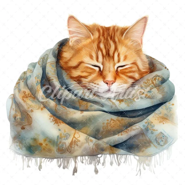 20 High-Quality Cat Sleeping in Shawl Clipart - Sleeping Cat digital watercolor JPG instant download for commercial use - Digital download