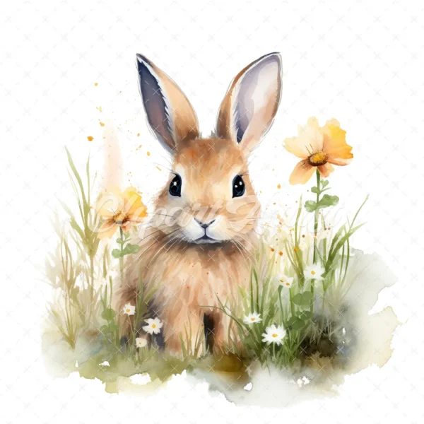 20 High-Quality Bunny in a Meadow Clipart - Bunny meadow digital watercolor JPG instant download for commercial use - Digital download