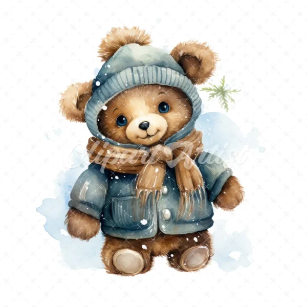 20 High-Quality Winter Teddy Bear Clipart - Winter teddy bear digital watercolor JPG instant download for commercial use - Digital download