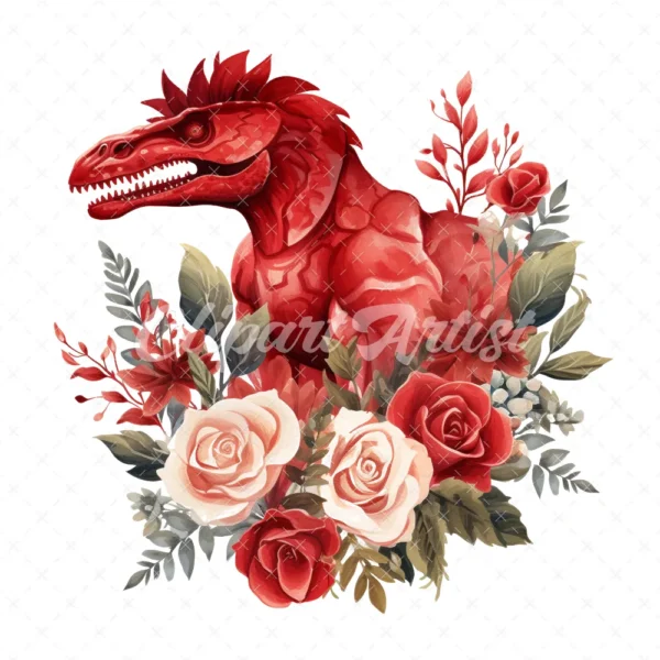 20 High-Quality Red Floral Dinosaur Clipart - Red dinosaur digital watercolor JPG instant download for commercial use - Digital download