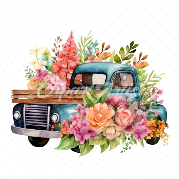 19 High-Quality Floral Truck Clipart - Floral truck digital watercolor JPG instant download for commercial use - Digital download