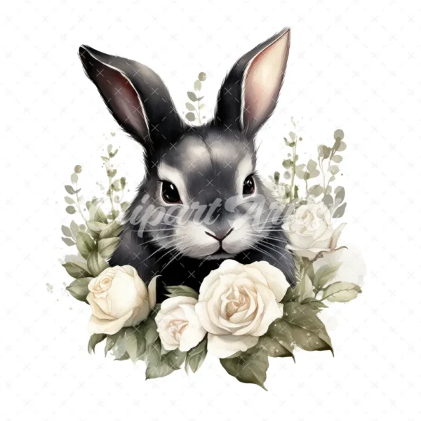 20 High-Quality Black Bunny With White Roses Clipart - Bunny digital watercolor JPG instant download for commercial use - Digital download