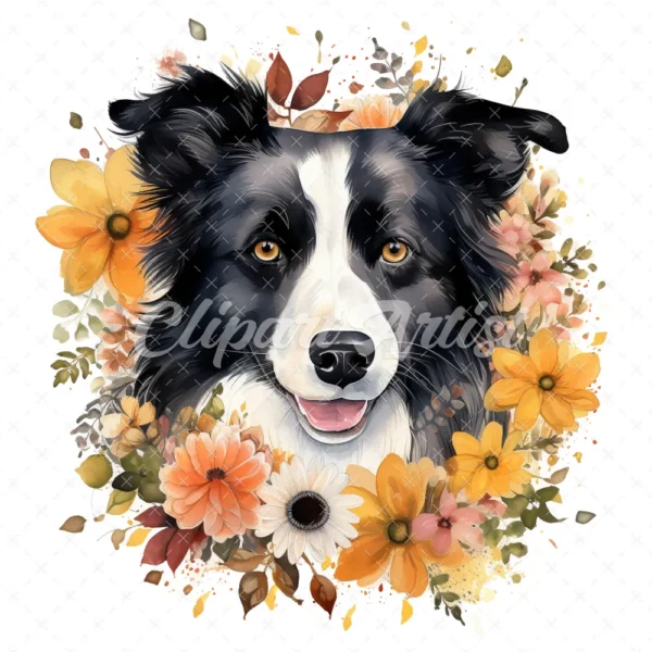 20 High-Quality Floral Border Collie Clipart - Border collie digital watercolor JPG instant download for commercial use - Digital download