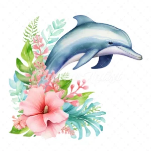 20 High-Quality Floral Dolphin Clipart - Floral dolphin digital watercolor JPG instant download for commercial use - Digital download