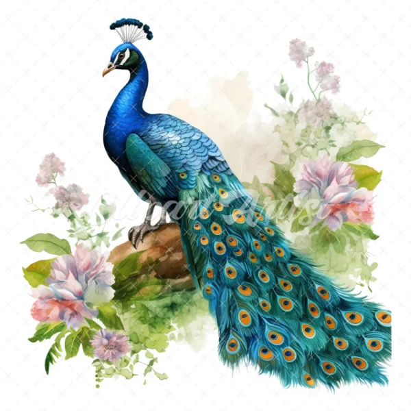20 High-Quality Peacock in Garden Clipart - Peacock digital watercolor JPG instant download for commercial use - Digital download