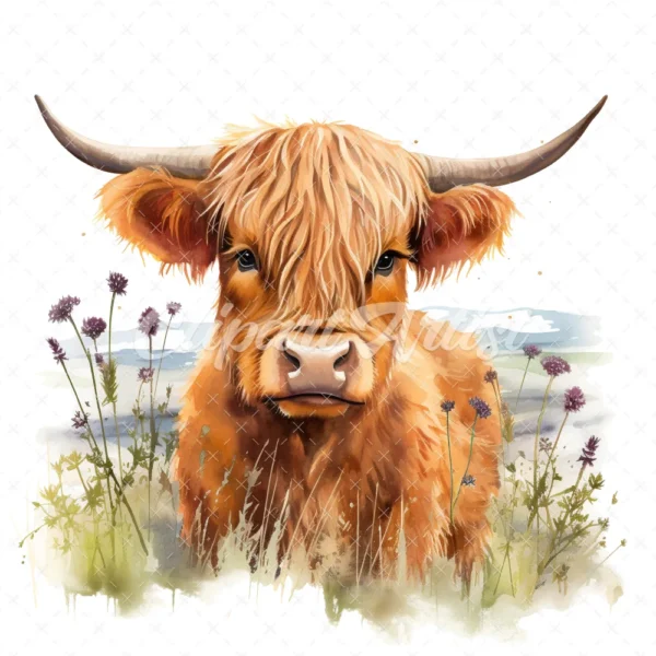 19 High-Quality Highland Cow in Grass Clipart - Highland cow digital watercolor JPG instant download for commercial use - Digital download