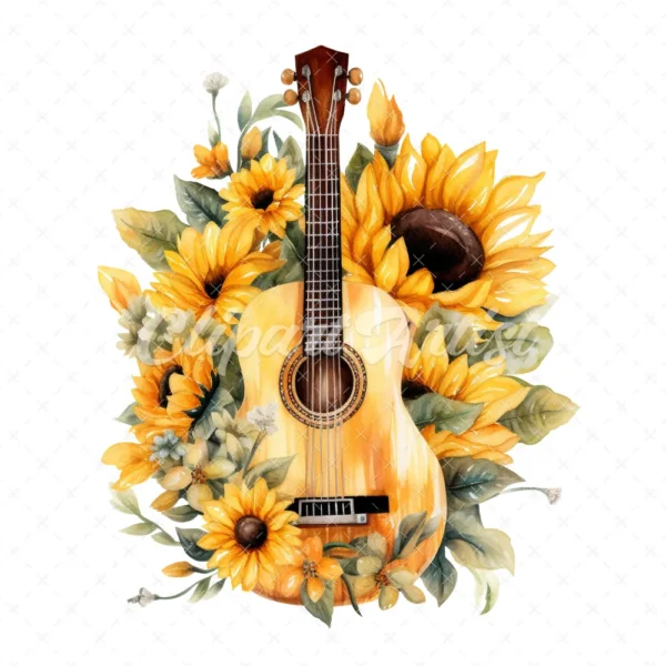 20 High-Quality Sunflowers Guitars Clipart - Sunflowers guitar digital watercolor JPG instant download for commercial use - Digital download