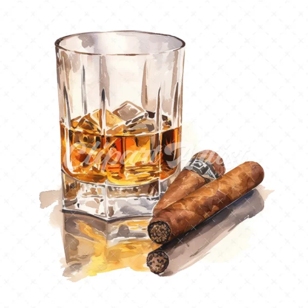 20 High-Quality Cigar Glass of Whisky Clipart -Cigar whisky digital watercolor JPG instant download for commercial use - Digital download