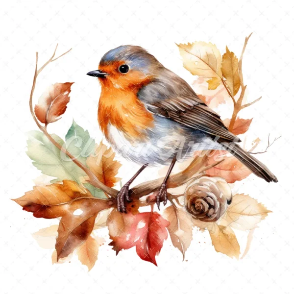 20 High-Quality Robin on Dry Leaf Clipart - Birds digital watercolor JPG instant download for commercial use - Digital download