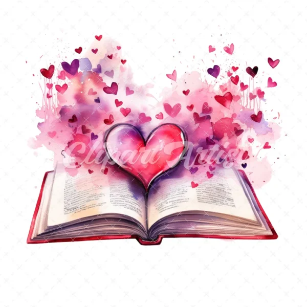 20 High-Quality Open Book With Hearts Clipart - Open book digital watercolor JPG instant download for commercial use - Digital download