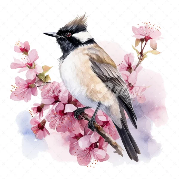 20 High-Quality Floral Whiskered Bulbul Clipart - Bulbul digital watercolor JPG instant download for commercial use - Digital download