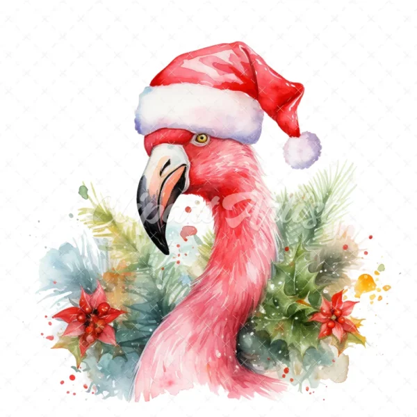 20 High-Quality Flamingo Santa Hat Clipart - Flamingo hat digital watercolor JPG instant download for commercial use - Digital download
