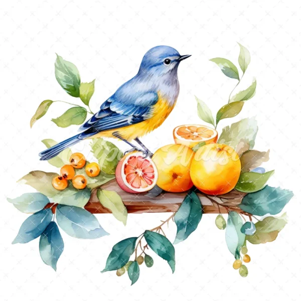 20 High-Quality Bird on Fruits Table Clipart - Bird fruits digital watercolor JPG instant download for commercial use - Digital download